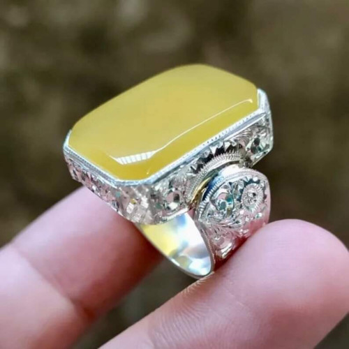 50CT Big Natural Yellow Agate Ring  Yemeni Aqeeq Ring  Natural Gemstone Ring