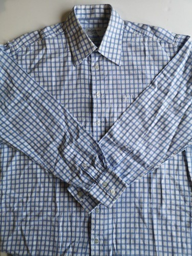 SAINT LAURENT (YSL) "Camicia di cotone nuova vecchia stock YVES SAINT LAURENT YSL a scacchi blu LS   16"