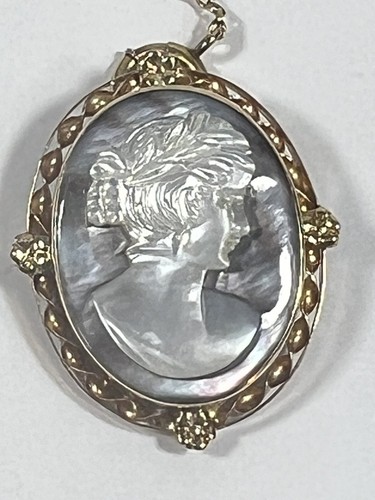 Antique Art Deco Mother Of Pearl Cameo 14k Gold Pendant Brooch