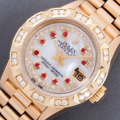 ROLEX LADIES PRESIDENT MOP RUBY DIAL 18K YELLOW G QS PYRAMID DIAMOND WATCH