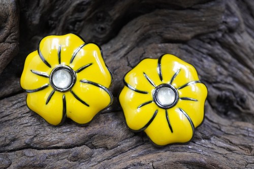 Vintage YSL Yves Saint Laurent Yellow Enamel with Clear Cabochon post Earrings