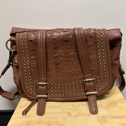 The SAK Brown Leather Studded Woven Hand Shoulder Bag Purse Hobo Satchel Buckle