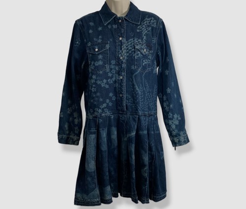 Abito in denim da donna rosso Valentino $995 stampato blu con gonna a pieghe taglia 48