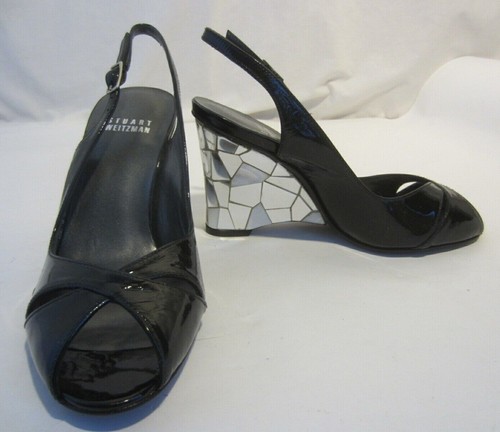 STUART WEITZMAN scarpe tacco zeppa a specchio slingback vernice nera 4 5 M