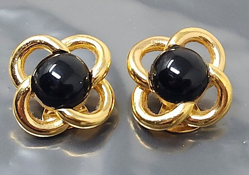 Vintage Christian Dior G tone Black Glass Clip on Earrings