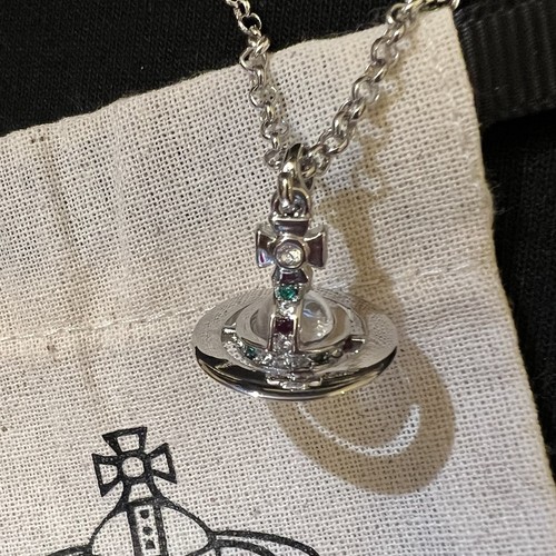 Vivienne Westwood Nana Tiny Orb Pendant Necklace Silver Tone Clear Crystal #064