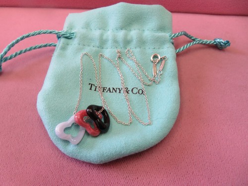 Tiffany & Co. Elsa Peretti Triple Carved Gemstone Open Heart 925 Silver Necklace
