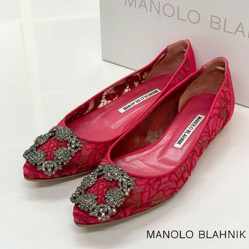 Décolleté Manolo Blahnik HANGISI rosa pizzo gioiello fibbia [US 5.5 EU 35.5] USATE JP