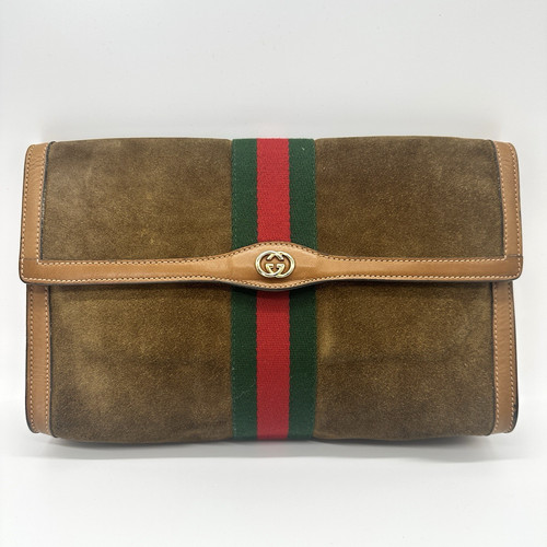 Borsa pochette vintage Gucci linea sherry borsetta scamosciata GG marrone ad incastro autentica