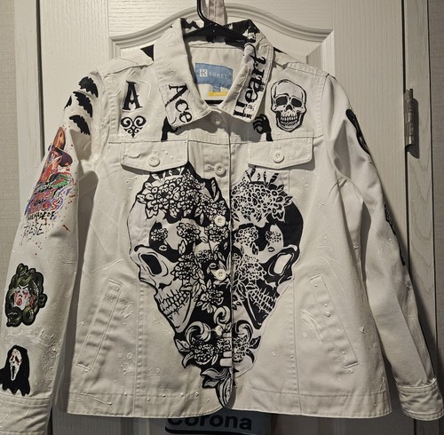 Ace Of Hearts White Denim Custom Jacket Size Women's Medium Or Mens Small
