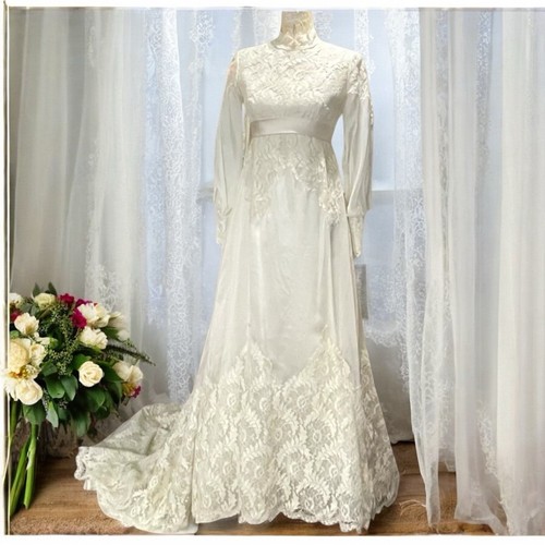 OFF WHITE Abito da sposa vintage anni 60 Alfred Angelo impero vita bianco sporco bottoni pizzo chiffon