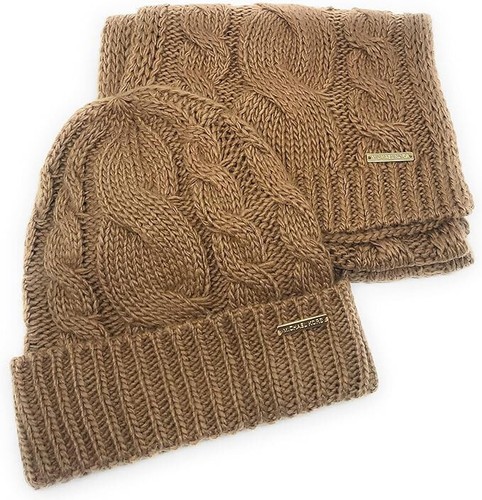 Michael Kors Donna Set berretto e sciarpa cavo marrone cammello maglia invernale NUOVO