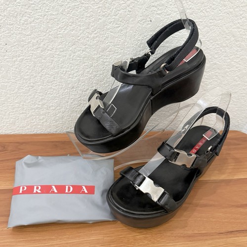 Sandali vintage Y2K PRADA neri in pelle fibbia cinturino alla caviglia plateau zeppa 36