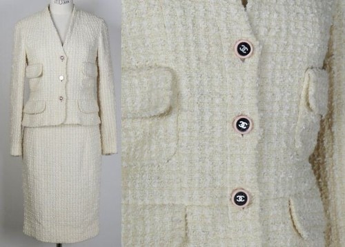 CHANEL 95C Mirror Coco Button Tweed Jacket Skirt Suit Size 36 Cotton Wool