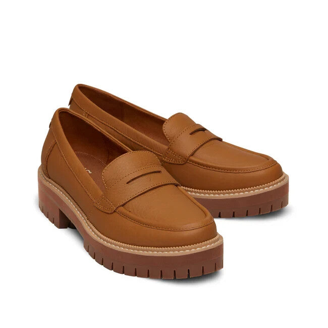 2718 Toms Cara 10020214 Loafer Women's 7.5 Tan Leather Slip On Platform Shoes KHD2014
