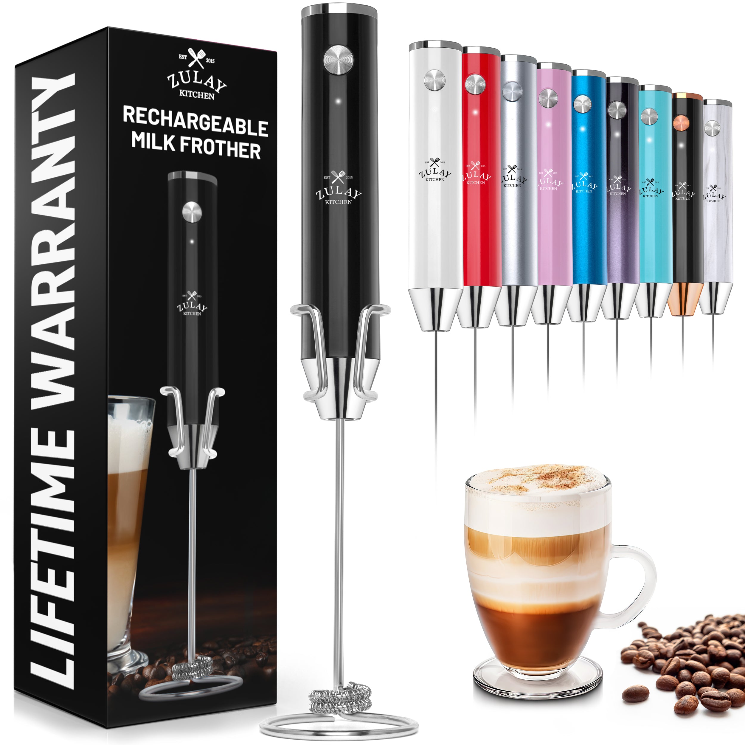 2511 Zulay Kitchen Rechargeable Milk Frother   Handheld Drink Mixer Frother Wand with Stand for Coffee
