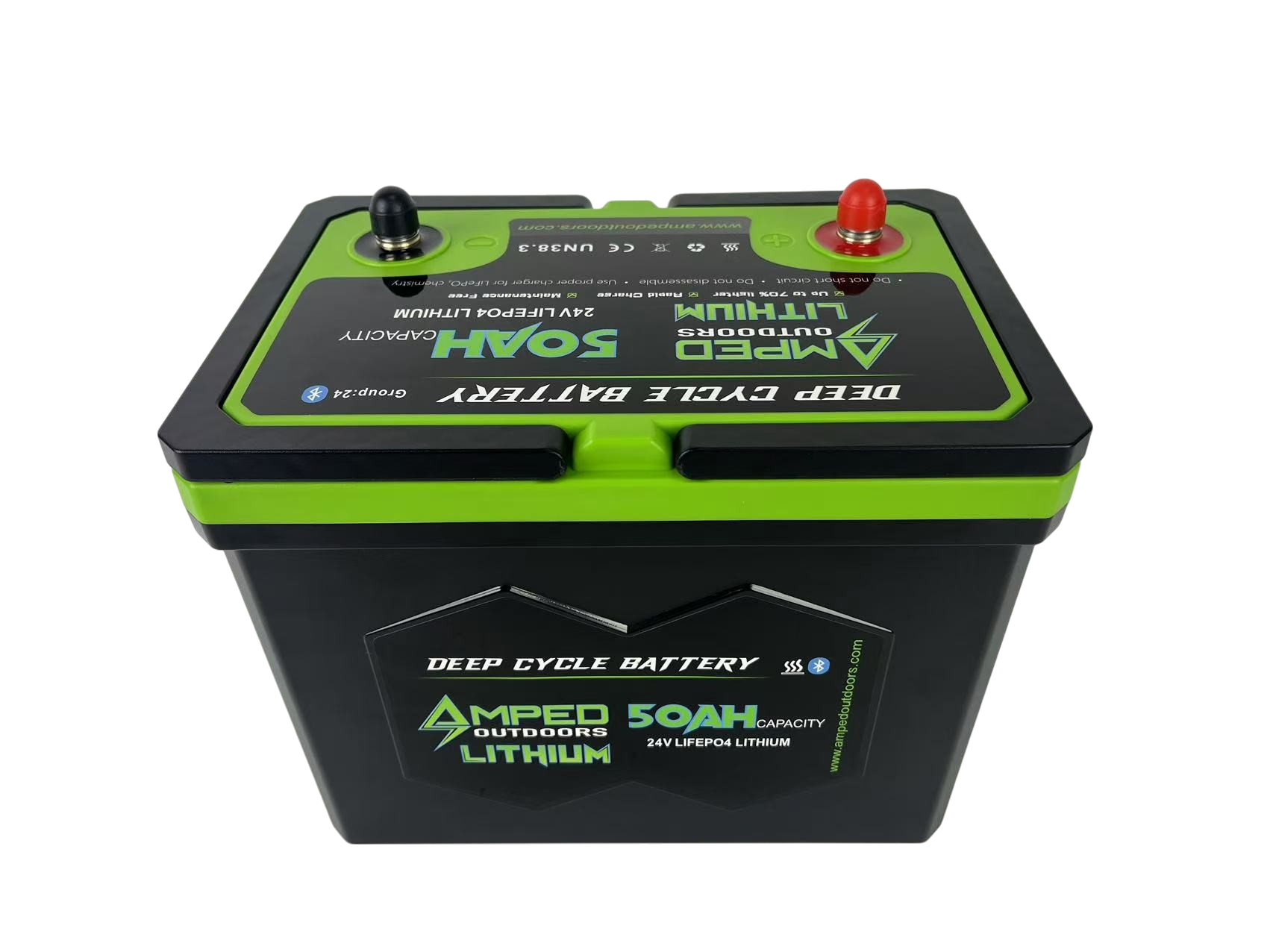 AMPED OUTDOORS 24V 100Ah Trolling Motor Lithium Battery Bundle   Bluetooth   Heated   24V 10A Charger