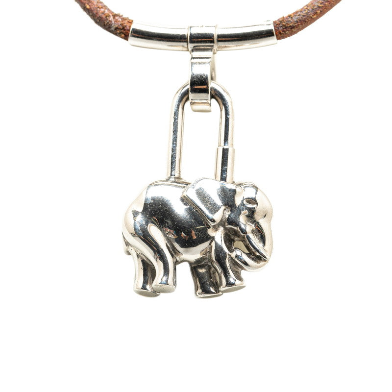 2604 Hermes Elephant Cadena Necklace Silver Brown Metal Leather