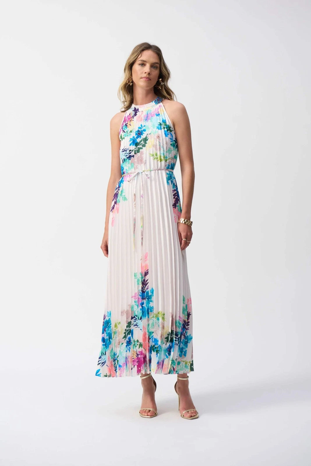 OFF WHITE Maxi abito Joseph Ribkoff bianco sporco multi floreale plissettato raso 251904