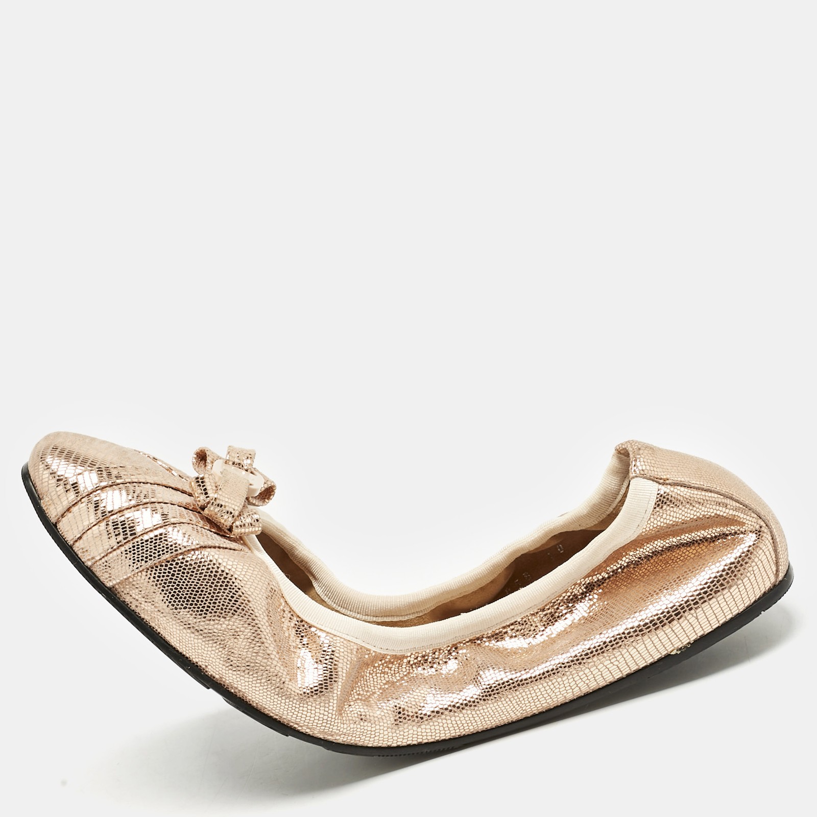 MASCARÓ Salvatore Ferragamo Metallic Rose G Suede My Joy Scrunch Ballet Flats Size