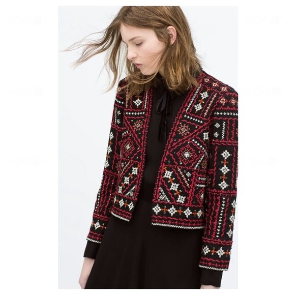ZARA Women Ethnic Boho Embroidered Jacket Cotton Red Black Beaded Silver Size S