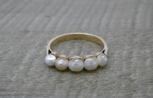 Antique 14ct Gold Natural Saltwater Five Pearl Ring Size Q 1 2 c1910 (14ct Gold)