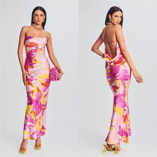 RETROFÊTE NWT Retrofete Keaton Botanical Floral Silk Strapless Gown Maxi Dress Size Medium