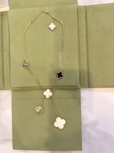 NEW Y25 Van Cleef Arpels Magic Alhambra 6 Motif Onyx Grey White Pearl Necklace