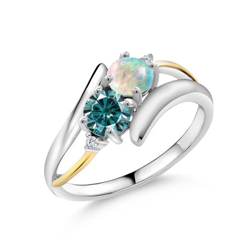 925 Sterling Silver and 10K Yellow Gold   White Simulated Opal and Blue
