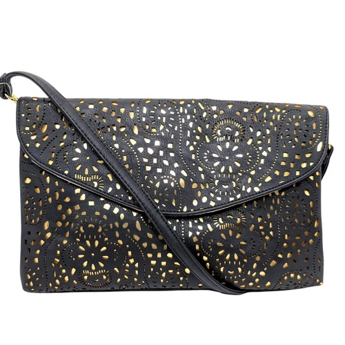 Steve Madden NWT Black & G Faux Leather Laser Cut Clutch Crossbody