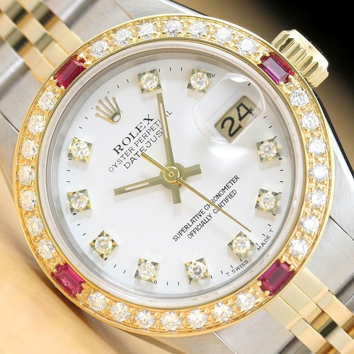 ROLEX LADIES DATEJUST 18K YELLOW G RUBY DIAMOND & FACTORY DIAL WATCH 69173