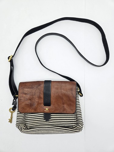 Borsa a tracolla Fossil Kinley in pelle marrone con tela a righe bianche e nere