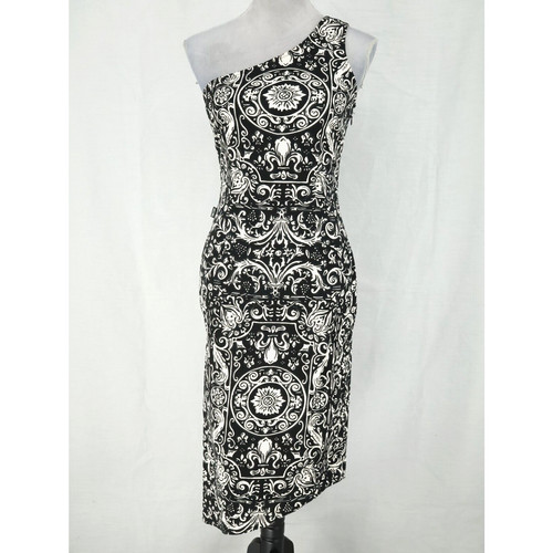Moschino Jeans Vestito Donna 6 Nero Bianco Floreale Una Spalla Elasticizzato Vintage