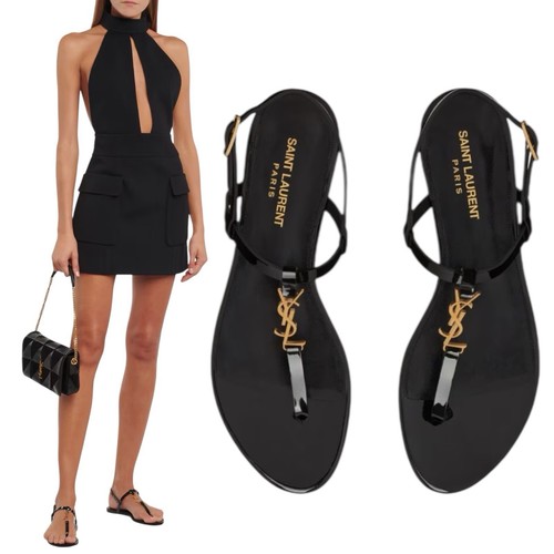Saint Laurent Cassandra Patent YSL Sandalo con tanga nero oro donna taglia 39 5