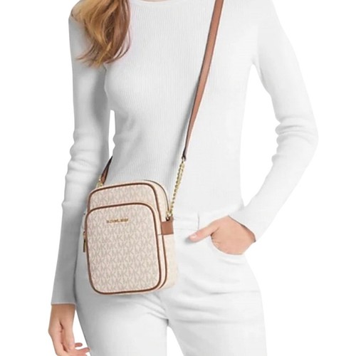 Borsa a tracolla MICHAEL KORS Jet Set viaggio logo rivestito tela piccola panna trendy