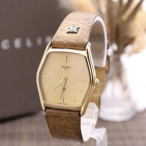 Orologio CELINE Vintage Macadam 5201 Quarzo Uomo Elegante Quadrante Oro Pelle Marrone
