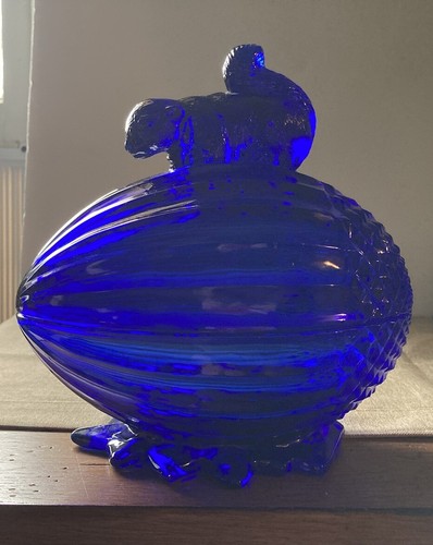 Cobalt Blue Glass Squirrel On Acorn Lidded Candy Dish   HTF