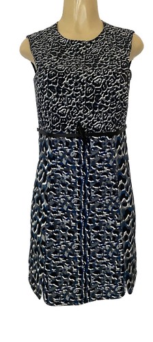 Abito Longchamp tubino stampa animalier blu leone nero mini cintura senza maniche 36 S