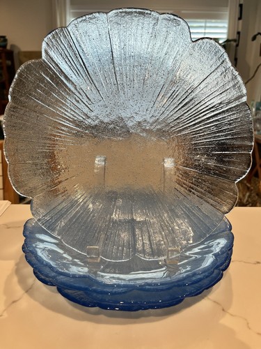 5 Mikasa by Kurata Controlled Bubbles Aquamarine Glass Lotus Blossom Plates