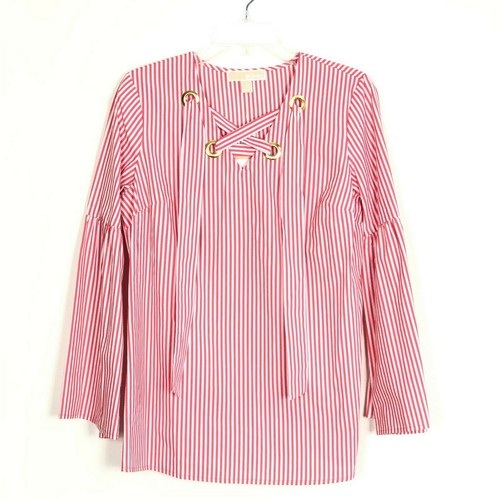 NUOVO Michael Kors donna righe rosse stringate top taglia S camicia manica lunga a campana MK