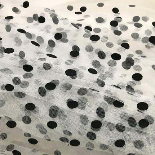 OFF WHITE Tessuto Tulle Off White con Pois Floccati Nero Tessuto per Gonna Abito Tutù