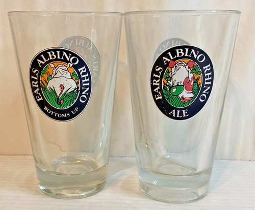 2 Vintage Earls Restaurants Albino Rhino Ale Beer Glasses Vancouver Thick Glass