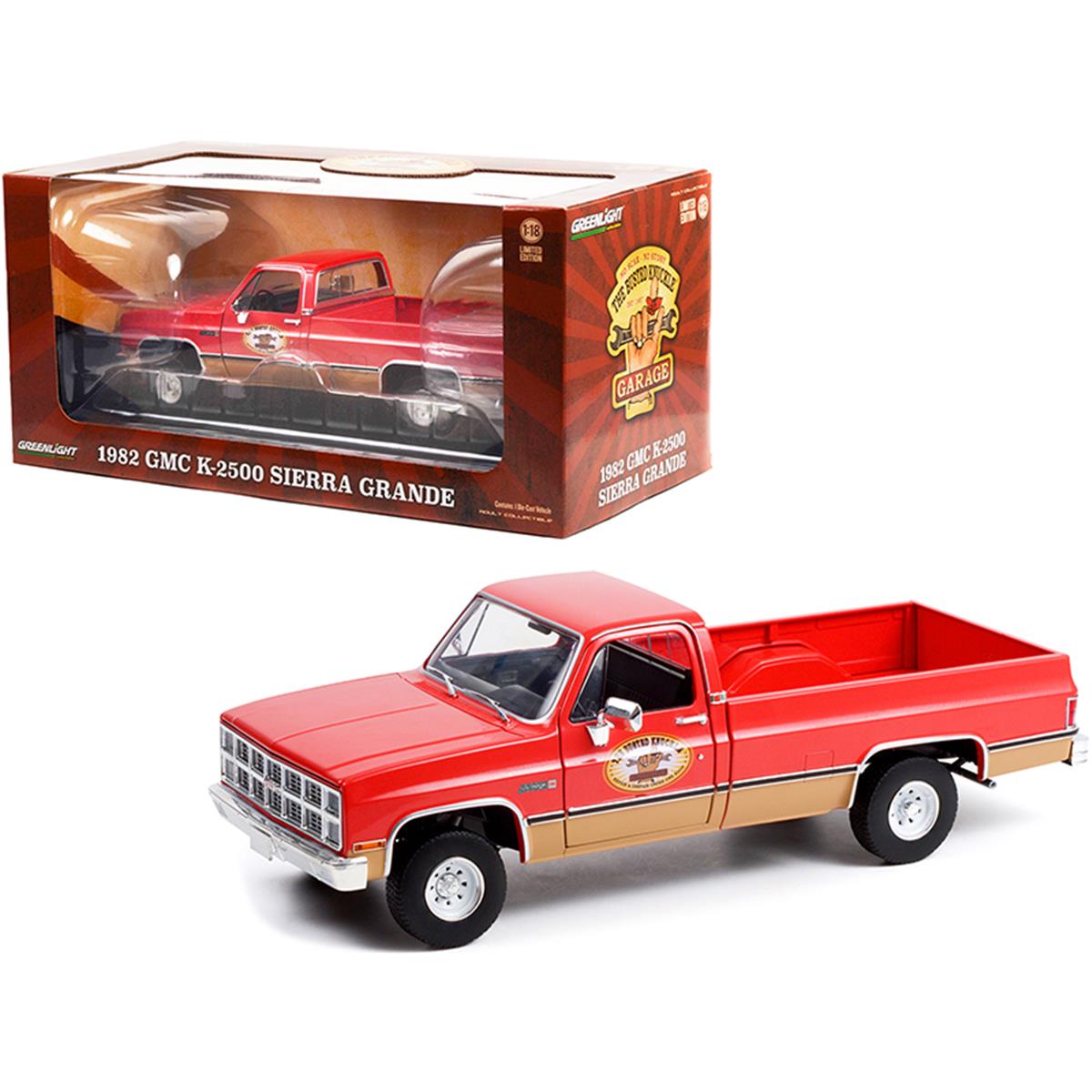 2297 Greenlight  1 18 Diecast 1982 GMC K 2500 Sierra Grande Wideside Pickup Truck Model Car with Trailer Hitch Red Busted Knuckle Garage