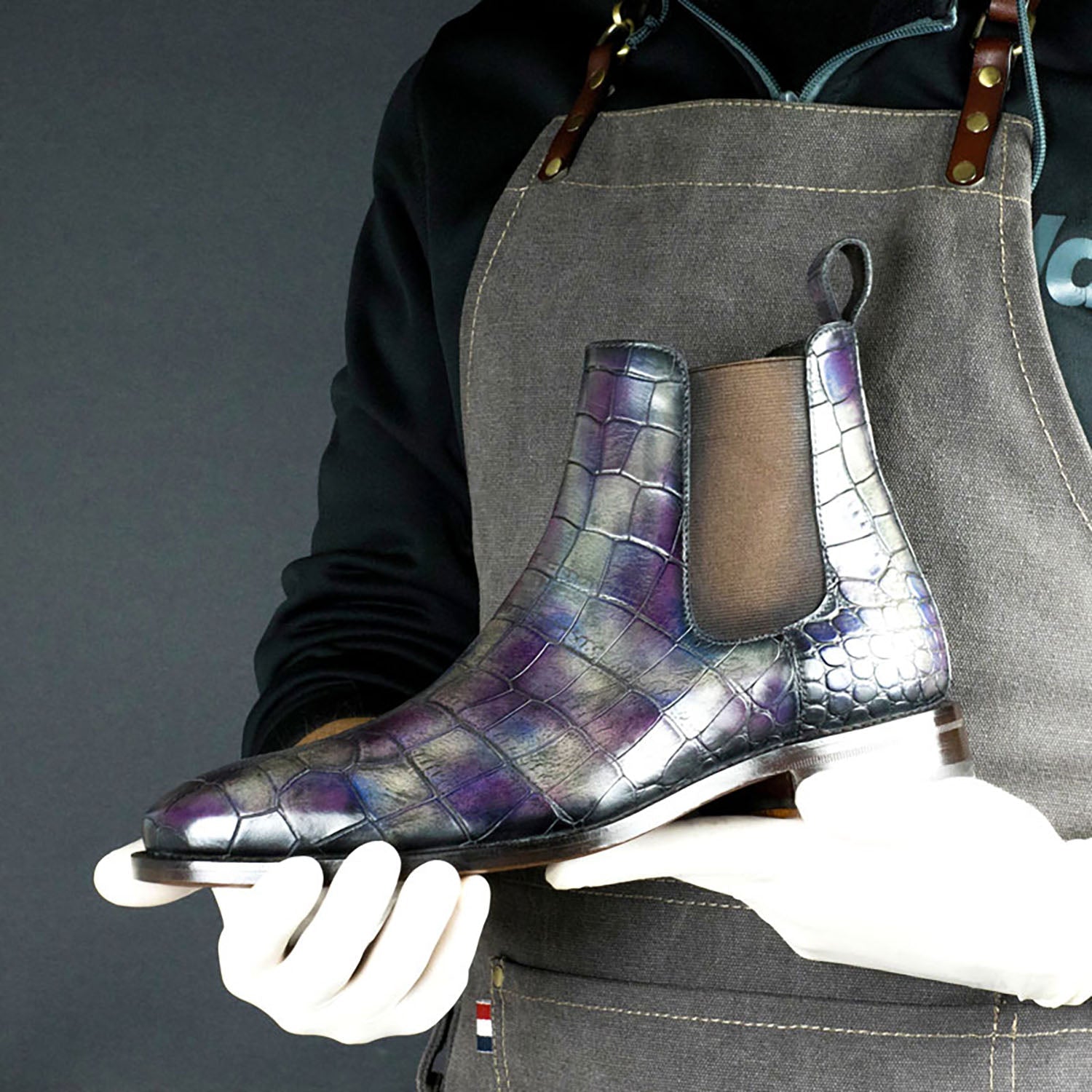 Ambrogio Men's Handmade Custom Made Shoes Gray & Purple Crocodile Print   Alexandria Patina Leather Chelsea Boots (AMB1640)