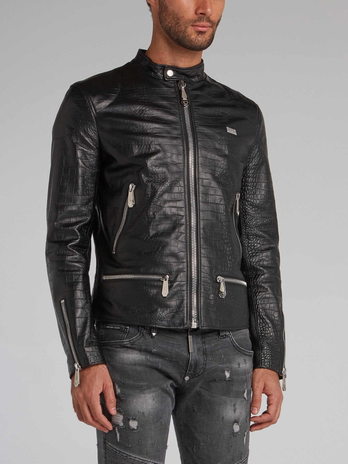 PHILIPP PLEIN Crocodile Effect Leather Moto Jacket