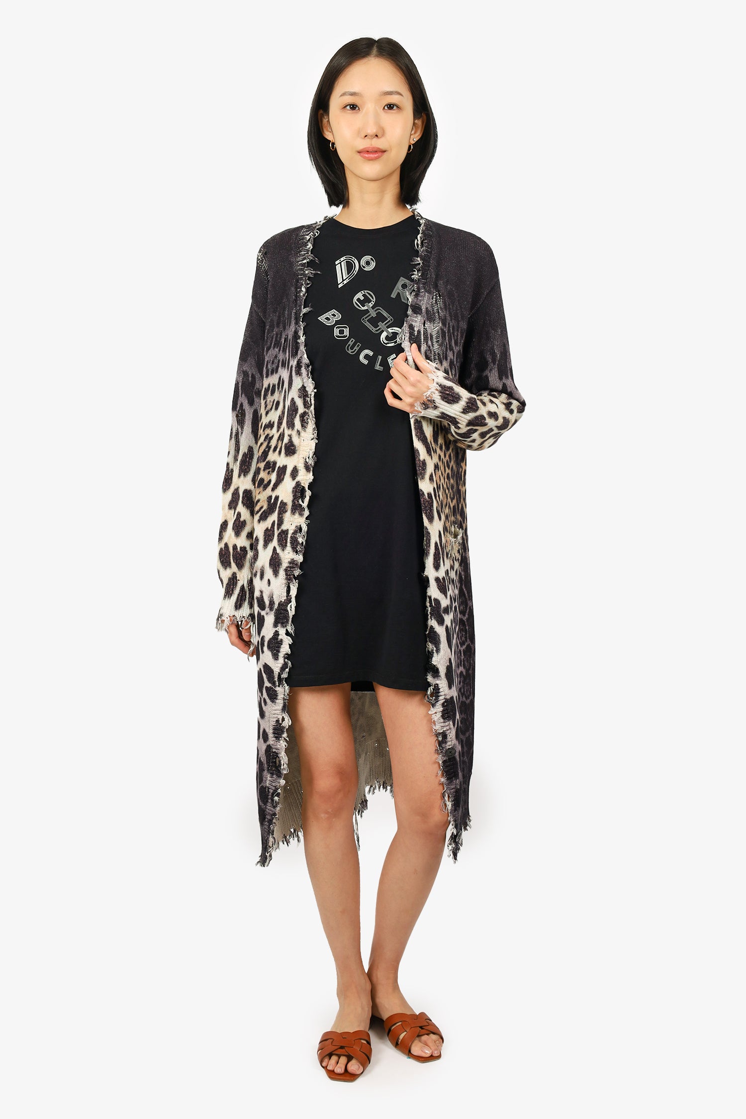 R13 Faded Leopard Distressed Knit Long Cardigan Size XS