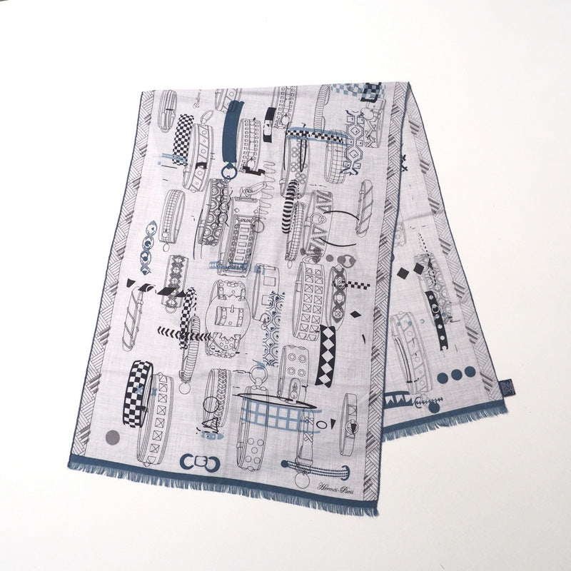 HERMES Stall 694134T ƒJƒVƒ~ƒ„70�“ƒVƒ‹ƒN30�“ gray Colliers de Chiens Imprimeur Fou rectangle mens Used Authentic