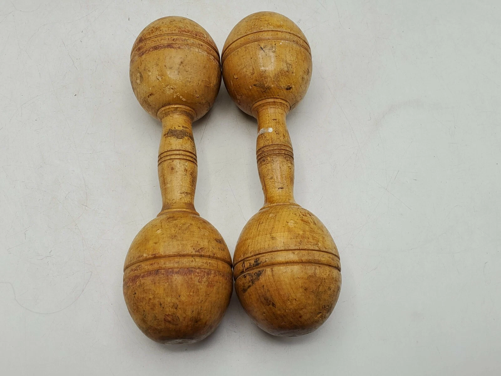 SPALDING Antique Pair of Wooden Dumbbells 1lb Exercise Weights Lowe & Cambell Athletic