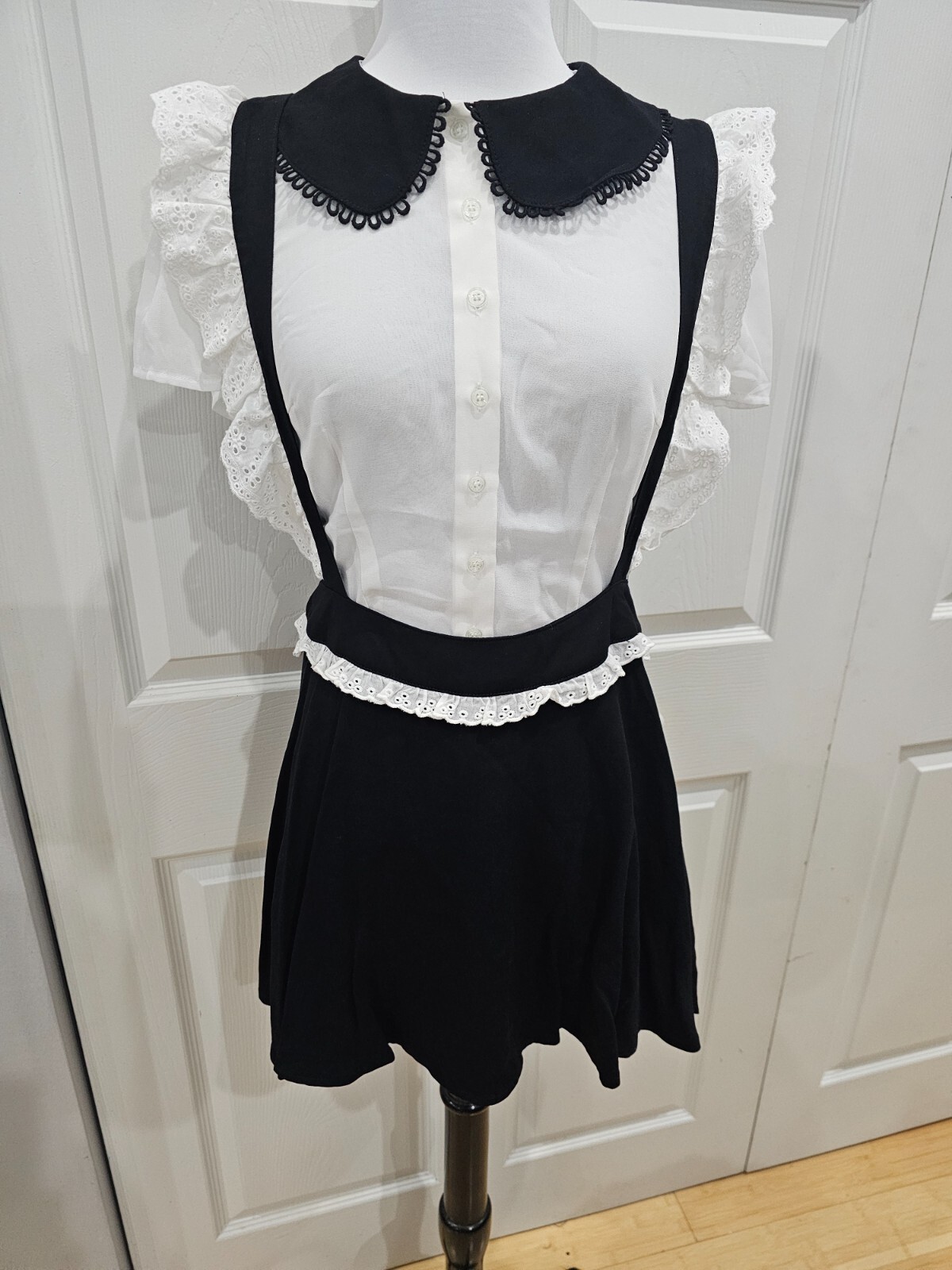 Dolls Kill Sugar Thrillz Black White Maid To Rest Dress Pinafore Skirt Set S NWT