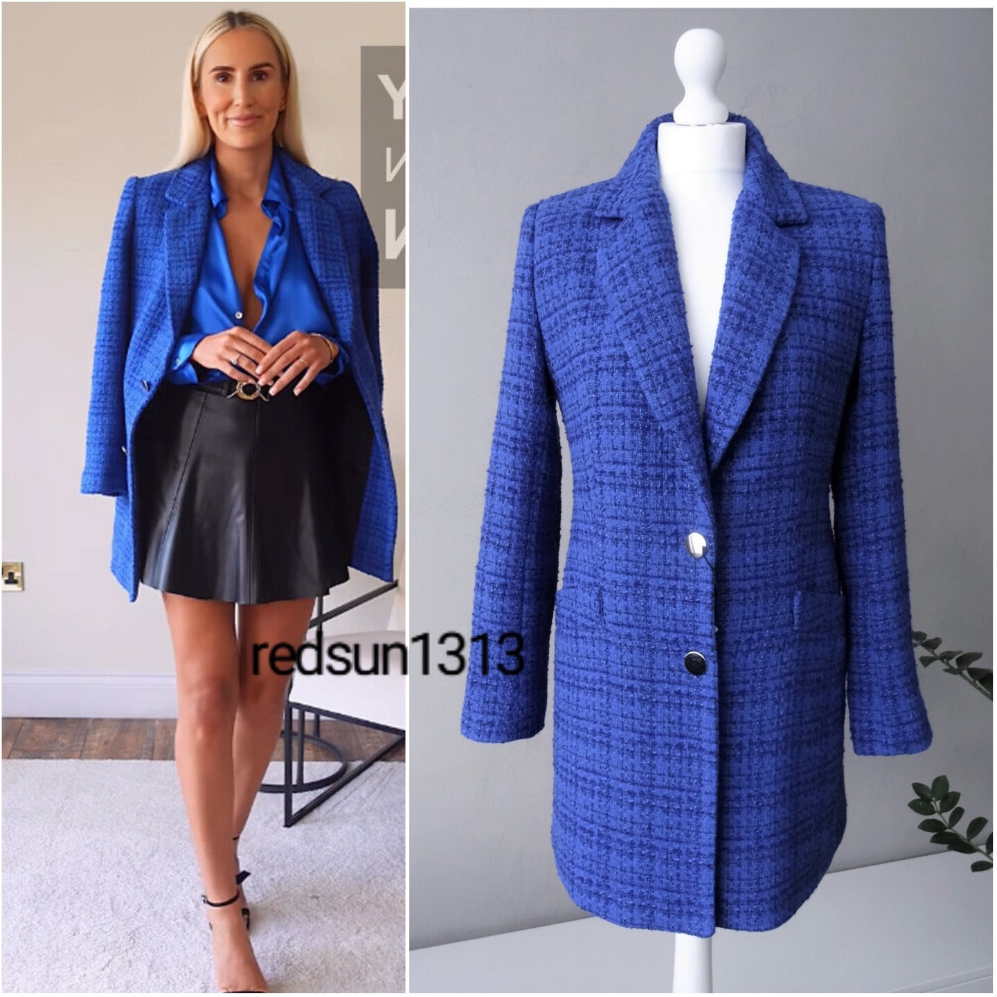 ZARA BLUE & BLACK TEXTURED COAT LONG JACKET WITH METAL BUTTONS SIZE M
